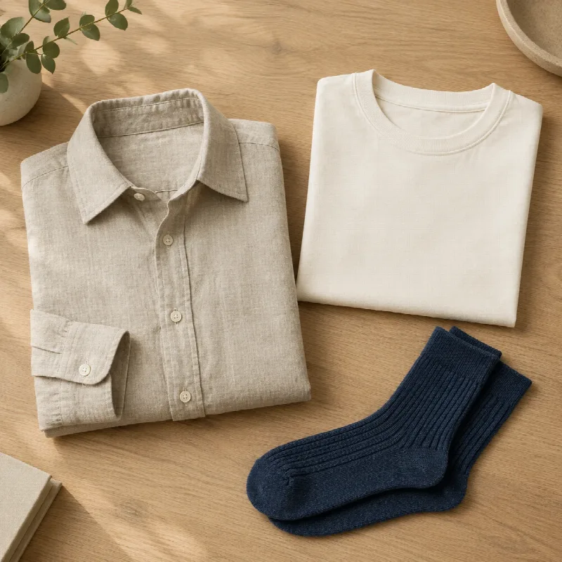 Linen shirt, white T-shirt and navy socks laid flat