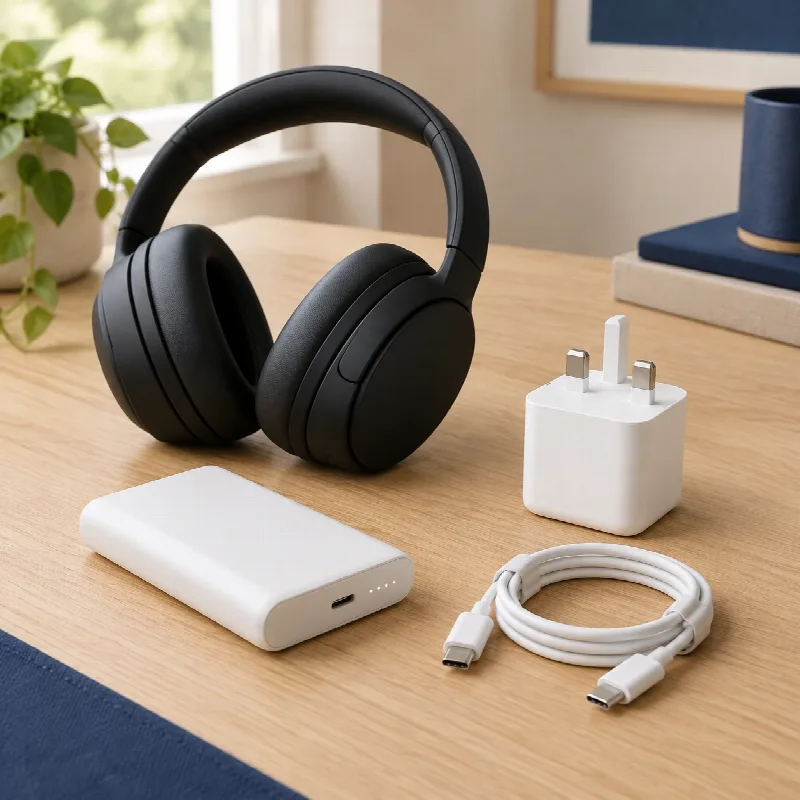 Over-ear headphones, power bank, UK plug charger and USB-C cable