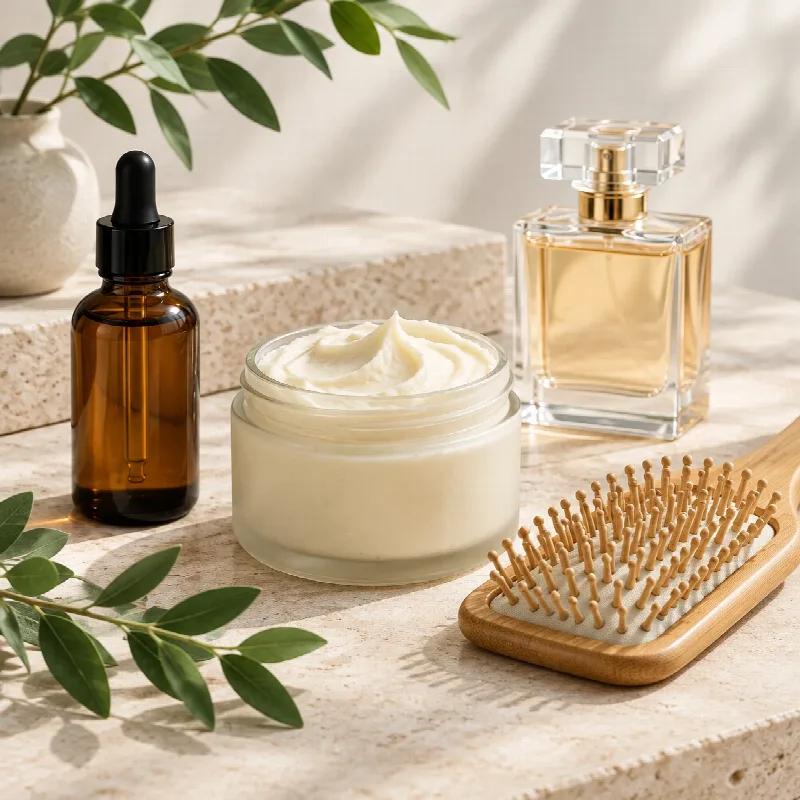 Serum, face cream, perfume and bamboo hairbrush