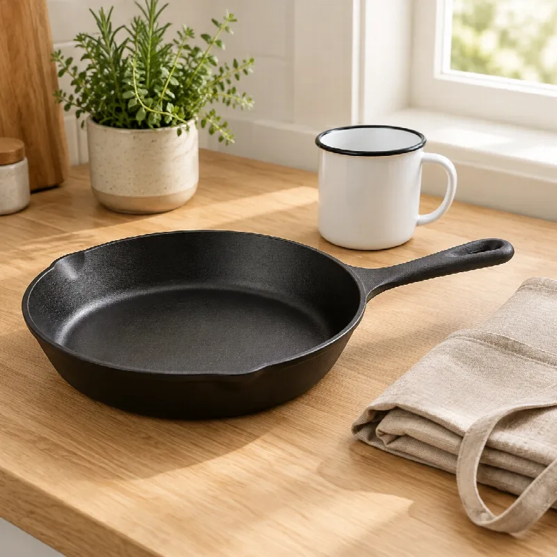 Cast-iron skillet, enamel mug and folded linen apron on a kitchen counter