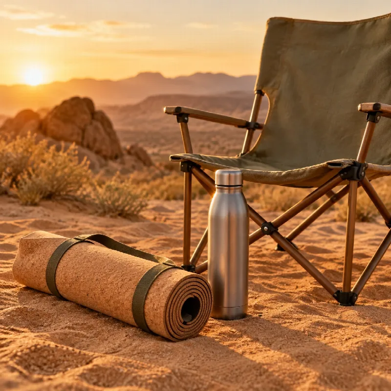 Folding camp chair, cork mat and steel bottle in the desert at sunset