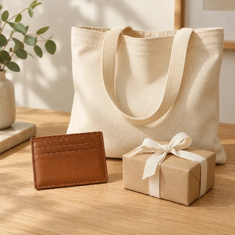 Canvas tote, leather card holder and a wrapped gift
