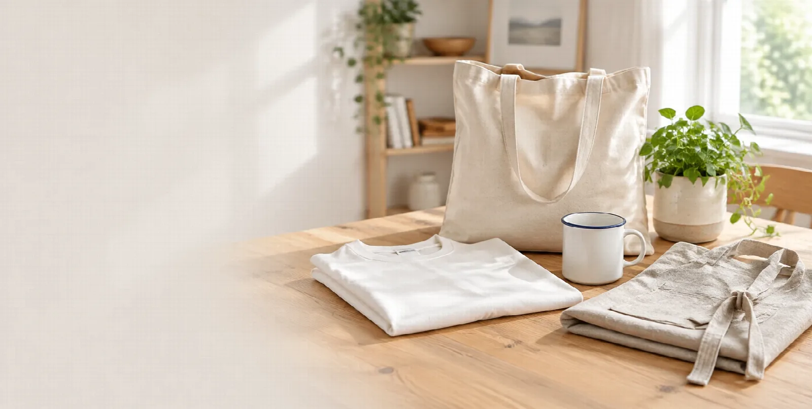 Folded white T-shirt, canvas tote, enamel mug and linen apron on a sunlit wooden table