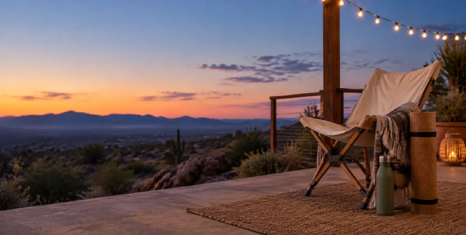 Terrace at dusk with string lights, a camp chair and a blanket