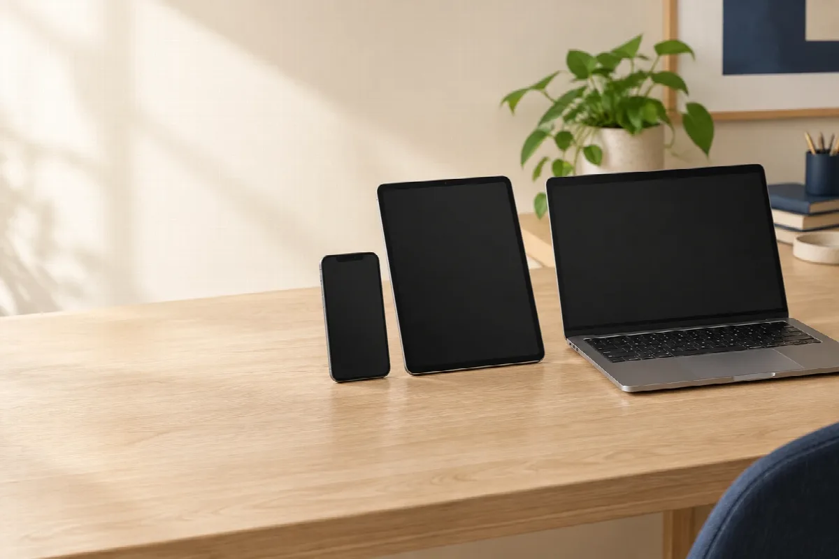Phone, tablet and laptop on a wooden desk